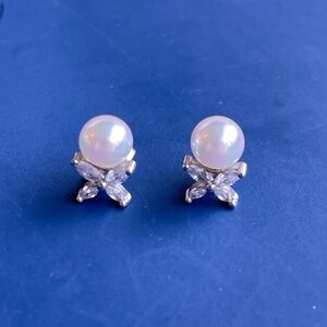 Cultured Freshwater Pearl (7mm) and Lab Created White Sapphire Earrings